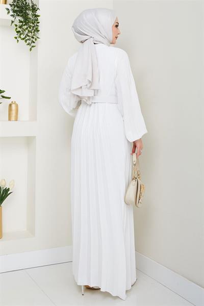 Kemerli Piliseli Aerobin Elbise Ekru HM2339