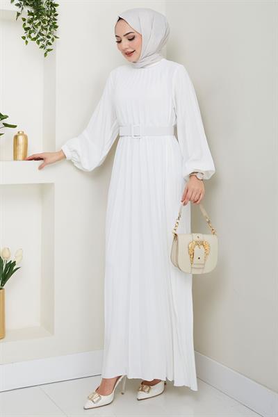 Kemerli Piliseli Aerobin Elbise Beyaz HM2339