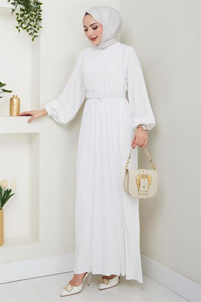 Kemerli Piliseli Aerobin Elbise Ekru HM2339