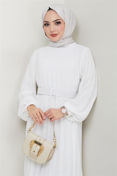 Kemerli Piliseli Aerobin Elbise Ekru HM2339