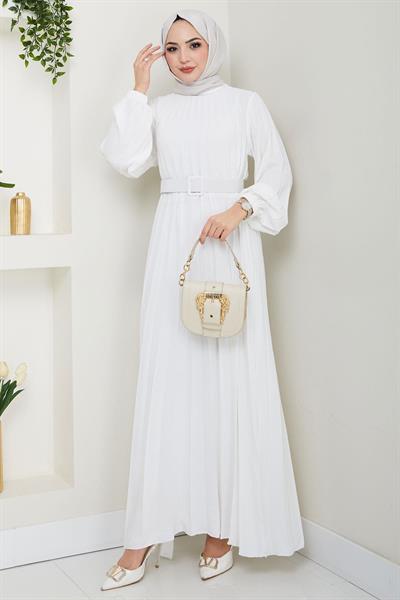 Kemerli Piliseli Aerobin Elbise Ekru HM2339