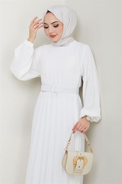 Kemerli Piliseli Aerobin Elbise Beyaz HM2339