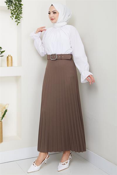 Kemerli Piliseli Etek Açık Kahve HM2104