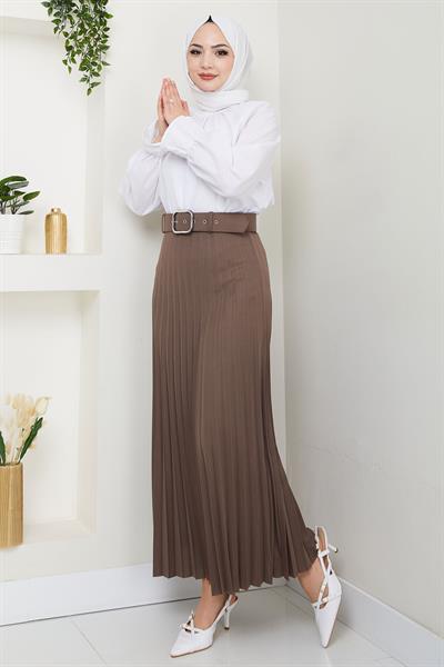 Kemerli Piliseli Etek Açık Kahve HM2104