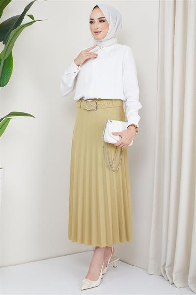 Kemerli Piliseli Etek Bej HM2104