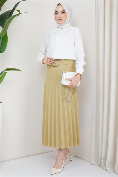 Kemerli Piliseli Etek Bej HM2104