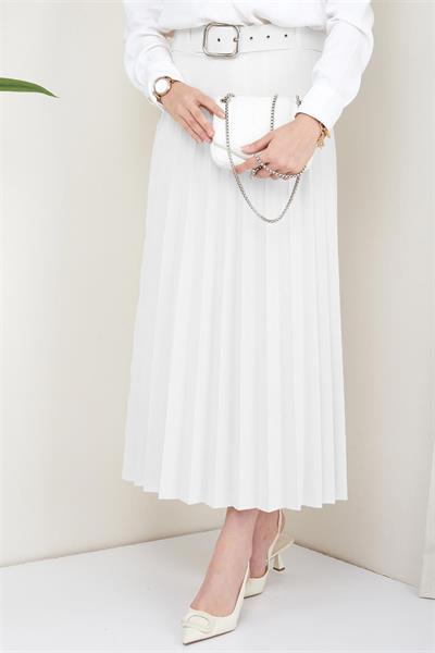 Kemerli Piliseli Etek Beyaz HM2104