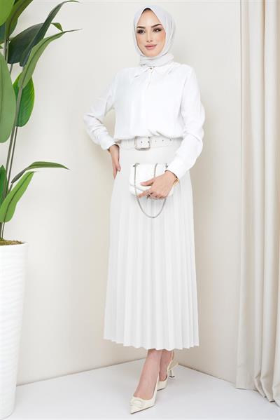 Kemerli Piliseli Etek Beyaz HM2104