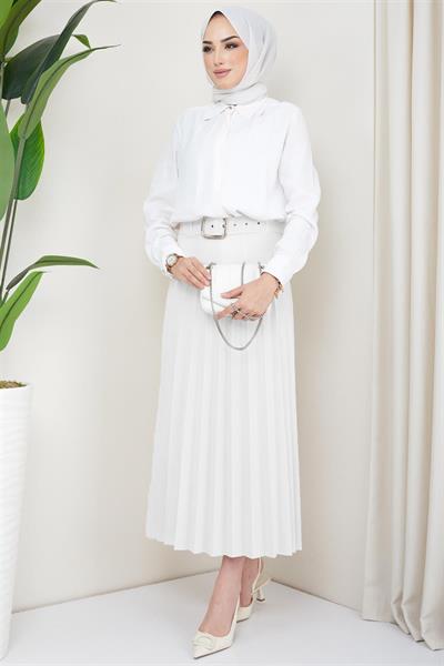 Kemerli Piliseli Etek Beyaz HM2104