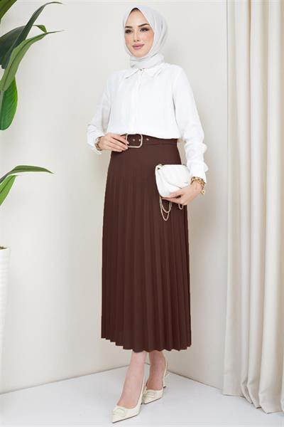 Kemerli Piliseli Etek Kahverengi HM2104