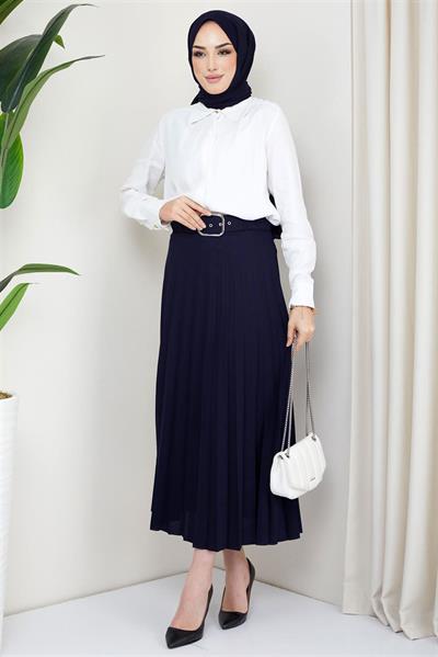 Kemerli Piliseli Etek Lacivert HM2104