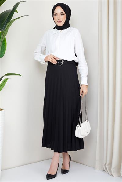 Kemerli Piliseli Etek Siyah