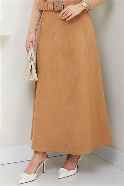 Kemerli Süet Mevlana Etek Camel HM2607