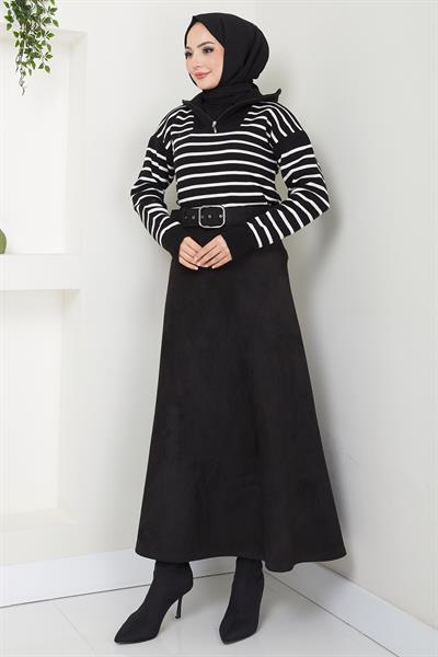 Kemerli Süet Mevlana Etek Siyah HM2607