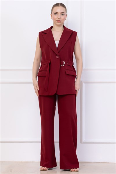 Kemerli Yelekli Takım Bordo HM2749