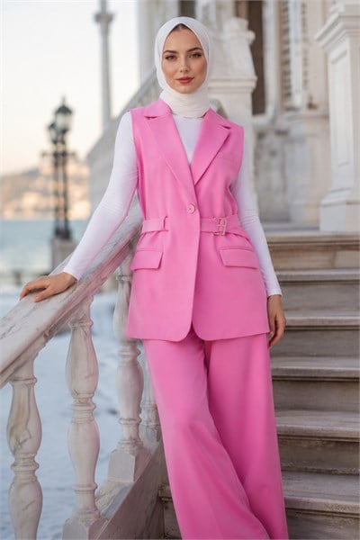 Kemerli Yelekli Takım Pembe HM2749