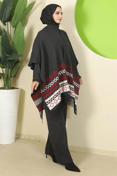 Kilim Desen Pançolu Üçlü Triko Takım Antrasit HM2816