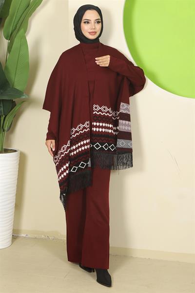 Kilim Desen Pançolu Üçlü Triko Takım Bordo HM2816