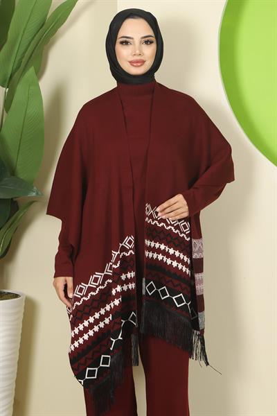 Kilim Desen Pançolu Üçlü Triko Takım Bordo HM2816