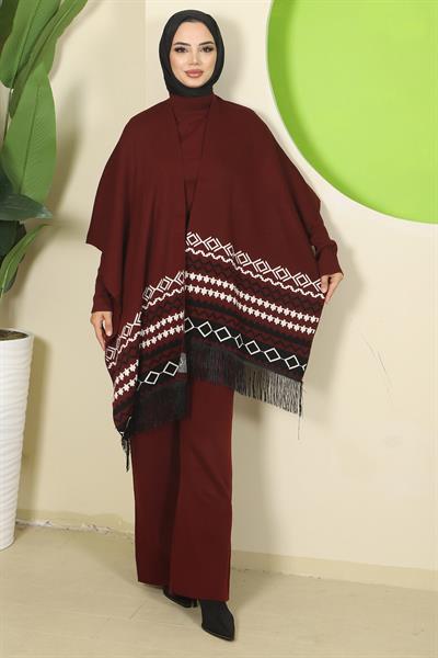Kilim Desen Pançolu Üçlü Triko Takım Bordo HM2816
