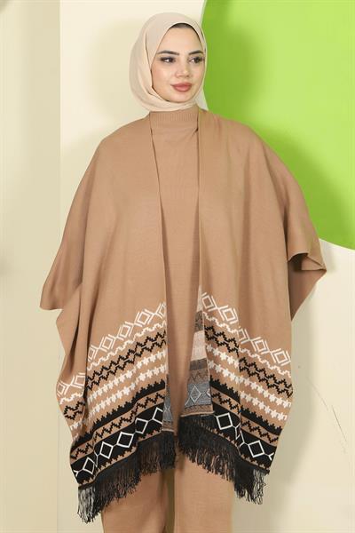 Kilim Desen Pançolu Üçlü Triko Takım Camel HM2816