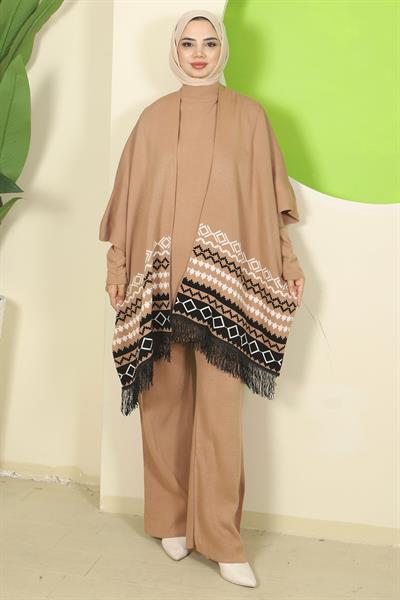 Kilim Desen Pançolu Üçlü Triko Takım Camel HM2816