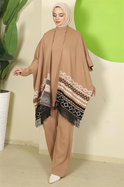 Kilim Desen Pançolu Üçlü Triko Takım Camel HM2816