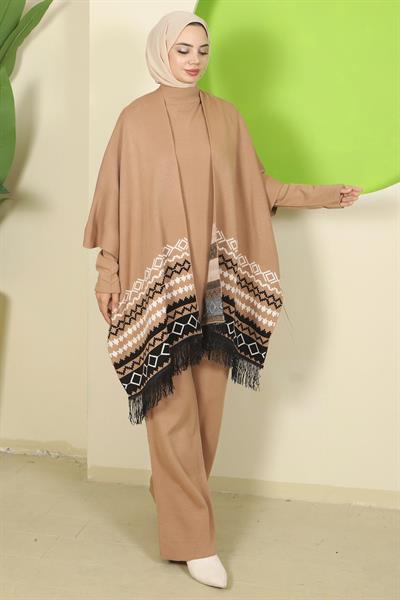 Kilim Desen Pançolu Üçlü Triko Takım Camel HM2816