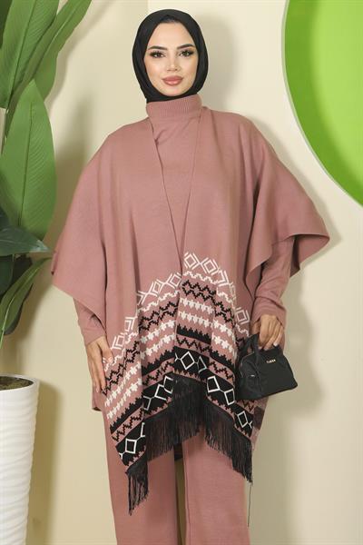 Kilim Desen Pançolu Üçlü Triko Takım Gül Kurusu HM2816