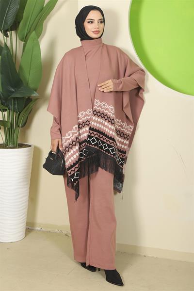 Kilim Desen Pançolu Üçlü Triko Takım Gül Kurusu HM2816