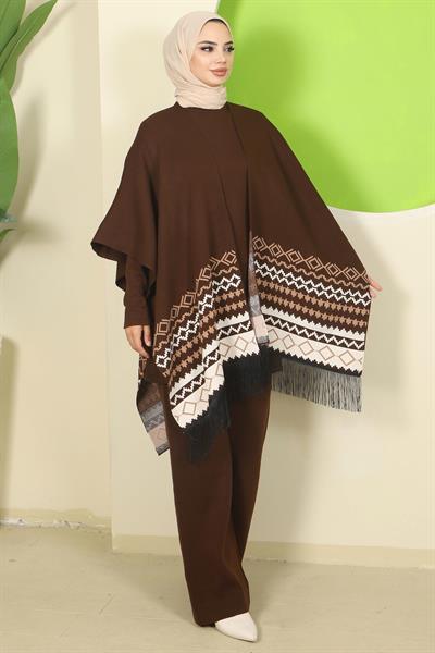 Kilim Desen Pançolu Üçlü Triko Takım Kahverengi HM2816