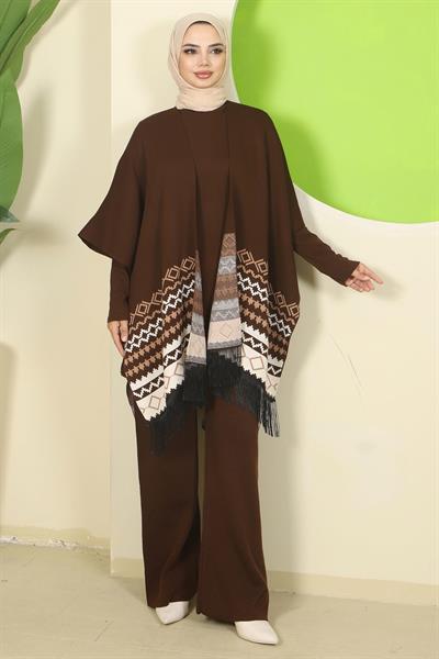Kilim Desen Pançolu Üçlü Triko Takım Kahverengi HM2816