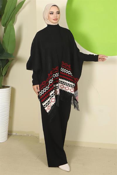 Kilim Desen Pançolu Üçlü Triko Takım Siyah HM2816