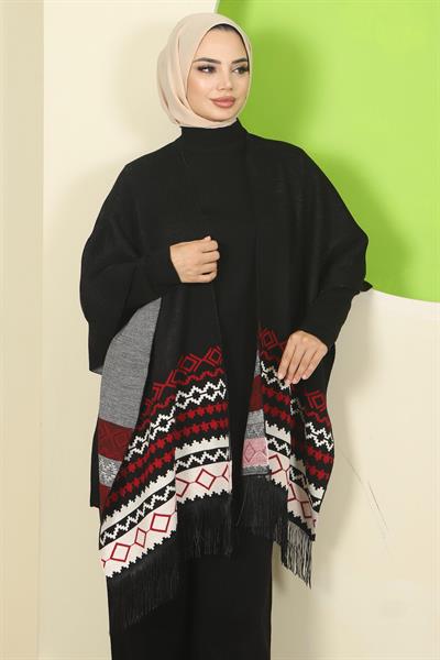 Kilim Desen Pançolu Üçlü Triko Takım Siyah HM2816