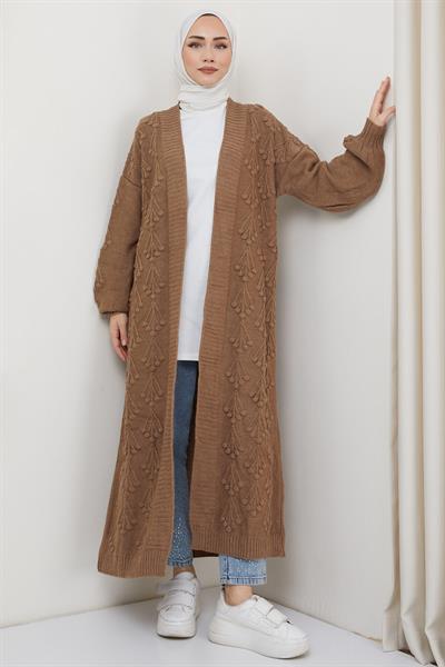 Kiraz Desenli Uzun Triko Hırka Camel HM2334