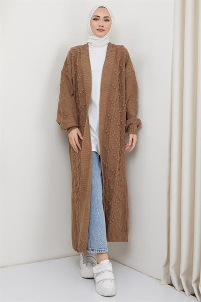 Kiraz Desenli Uzun Triko Hırka Camel HM2334