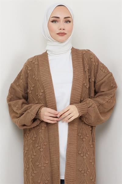 Kiraz Desenli Uzun Triko Hırka Camel HM2334