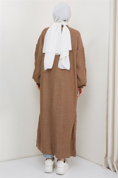 Kiraz Desenli Uzun Triko Hırka Camel HM2334