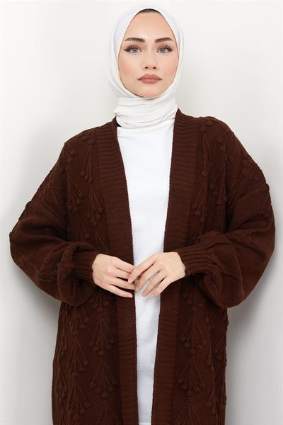Kiraz Desenli Uzun Triko Hırka Kahverengi HM2334