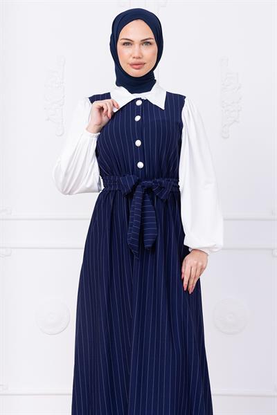 Kol Garnili Çizgili Tesettür Elbise Lacivert HM2740