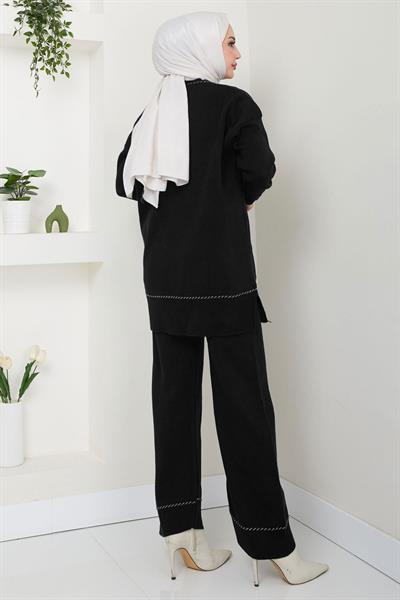 Kol ve Yaka Desen Detaylı Triko Takım Siyah HM2567