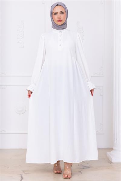 Kolları Lastikli Eva Tesettür Elbise Beyaz HM2758