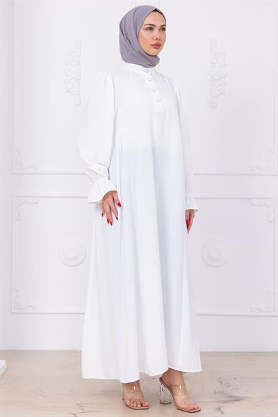Kolları Lastikli Eva Tesettür Elbise Beyaz HM2758