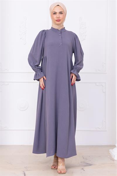 Kolları Lastikli Eva Tesettür Elbise Gri HM2758
