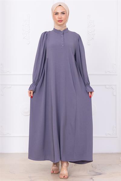 Kolları Lastikli Eva Tesettür Elbise Gri HM2758