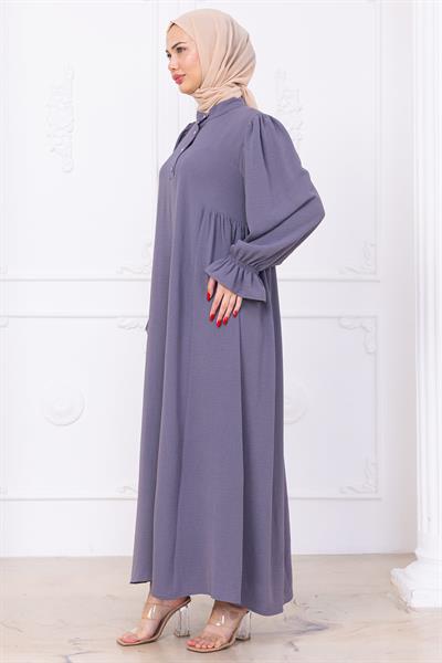 Kolları Lastikli Eva Tesettür Elbise Gri HM2758