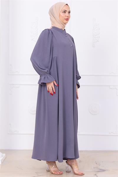 Kolları Lastikli Eva Tesettür Elbise Gri HM2758