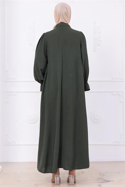 Kolları Lastikli Eva Tesettür Elbise Haki HM2758