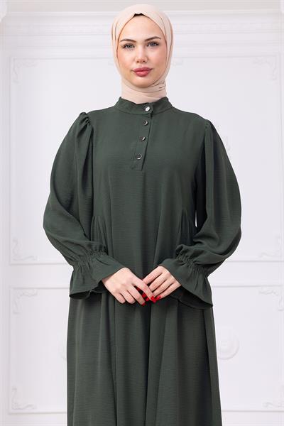 Kolları Lastikli Eva Tesettür Elbise Haki HM2758