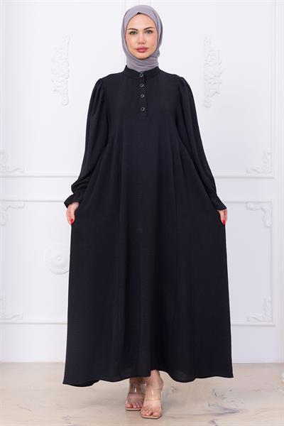 Kolları Lastikli Eva Tesettür Elbise Siyah HM2758